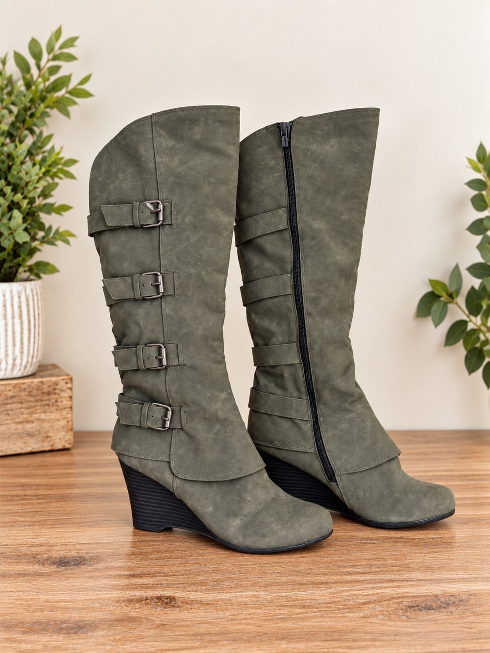 Unionbay Olive Grey Knee High Wedge Buckle Boots Size 9